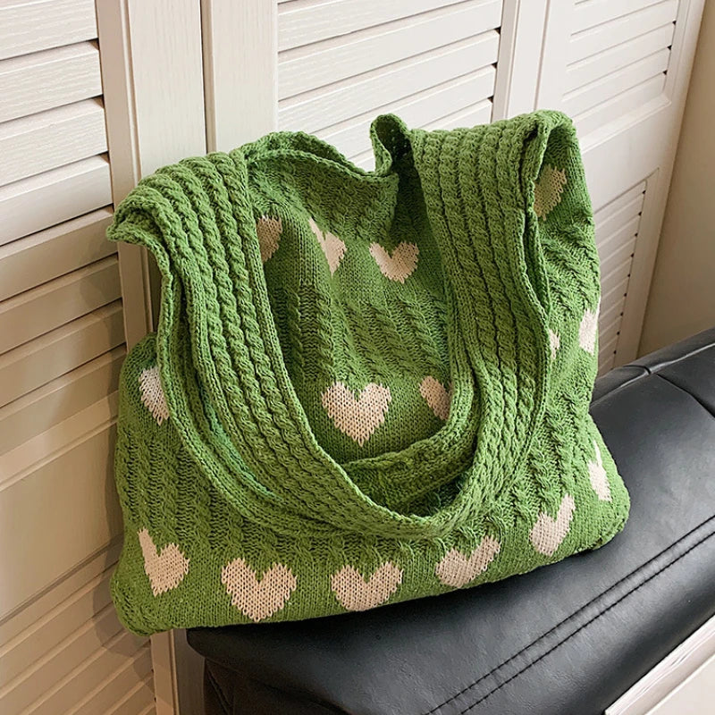 1pc Knitted Bag, Heart-shaped Tote Bag, Women's Diagonal Shoulder Bag, Fashionable and Personalized Woven Bag