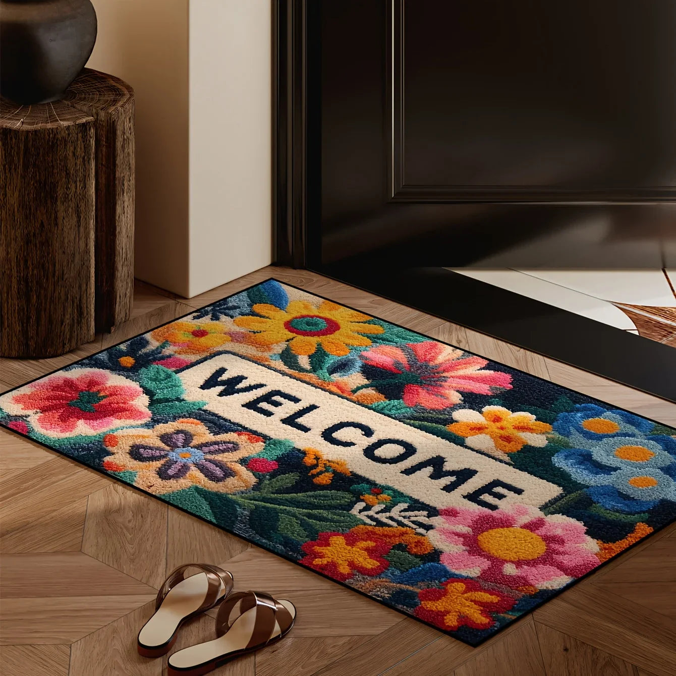 Floral Area Rug & Doormat with Non-Slip Backing