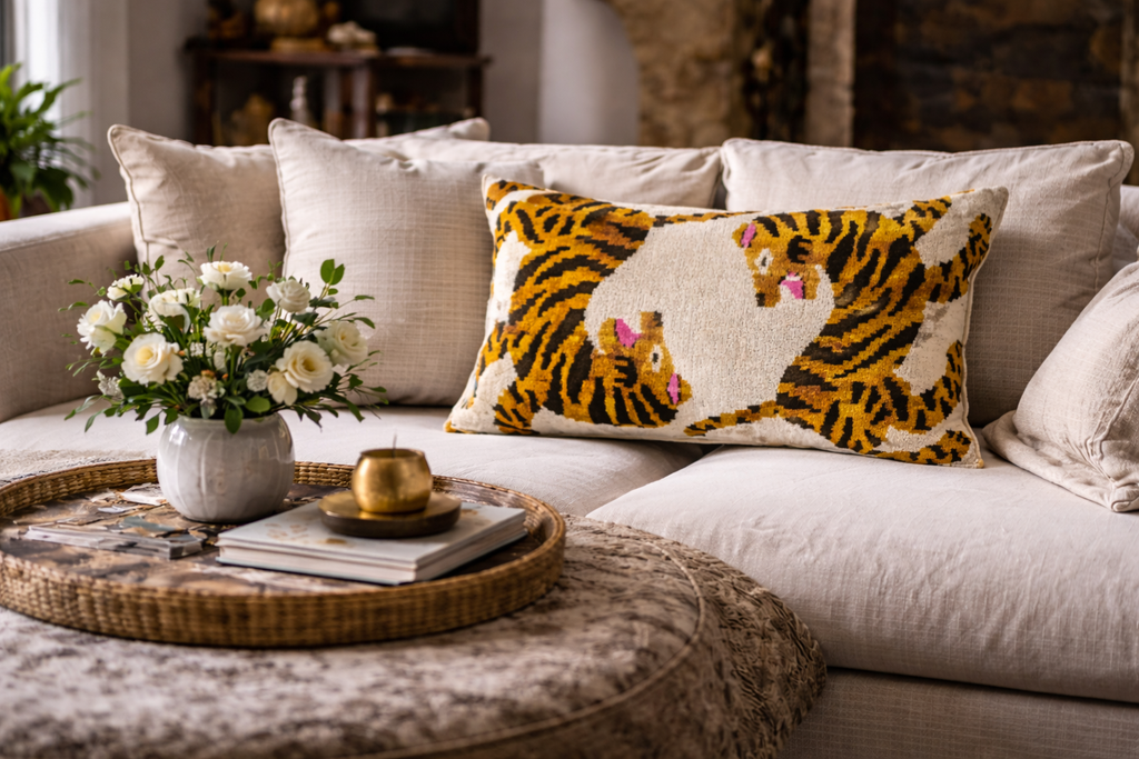 Bengali Silk Velvet Ikat Throw Pillow Cover